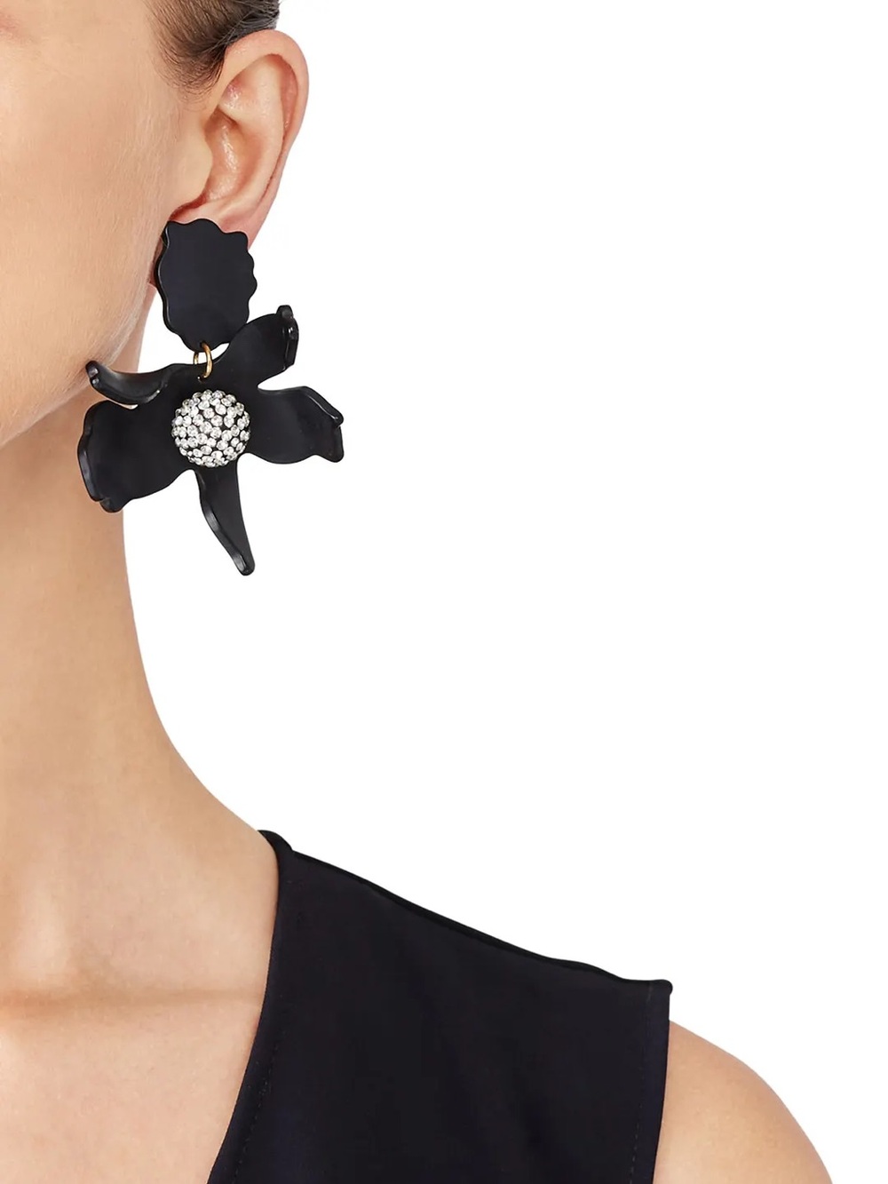 Lele Sadoughi Large Crystal Lily Pierced Earrings Matte Jet Black NWOT - Picture 2 of 5